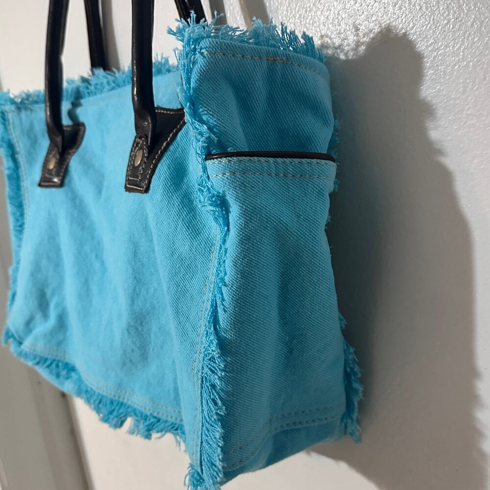 Myra Bag Ocean Live Small Tote Bag Womens Turquoise Canvas Leather Rug Boho - Picture 6 of 12